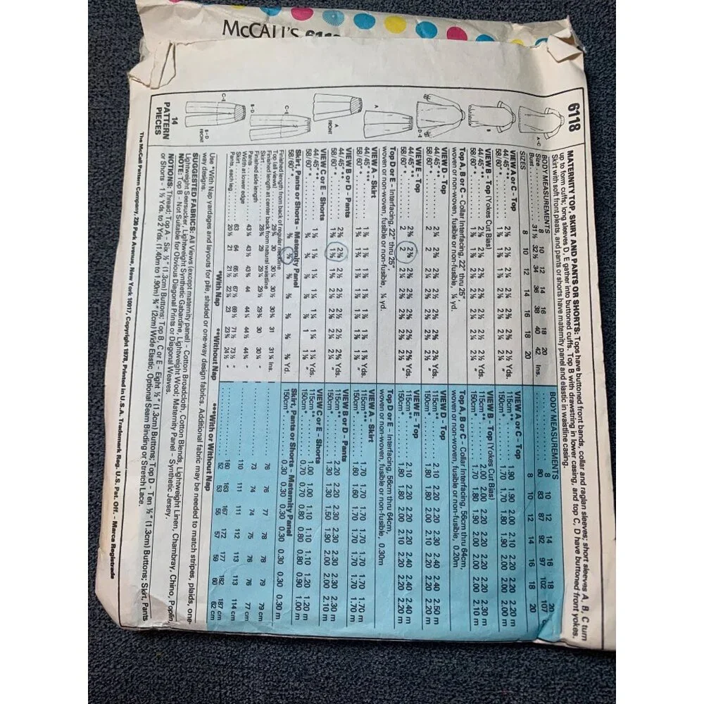 McCalls 6118 Vintage Maternity Sewing Pattern 1978 Size 10 Top Skirt Pants Short